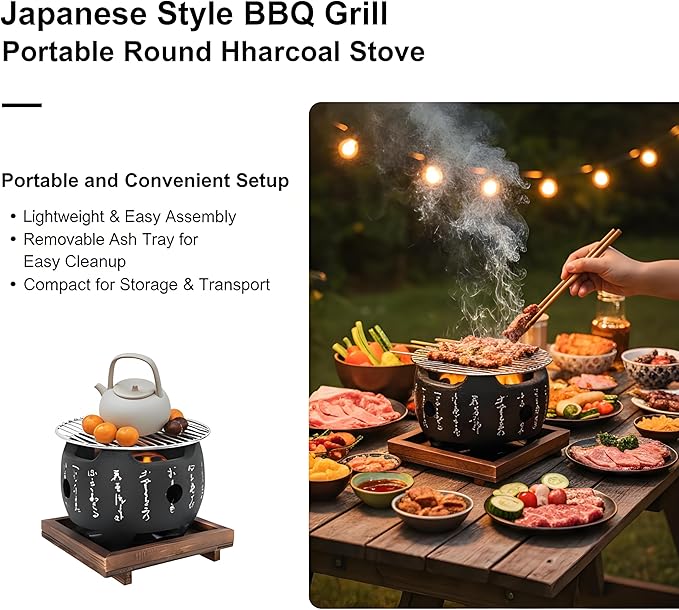 Japanese Style BBQ Grill, Portable Round Hibachi Charcoal Stove with Heat Resistant Design and Removable Ash Tray for Yakiniku, Yakitori, Robata, Takoyaki, and Outdoor Indoor Barbecue (5.9 inch)