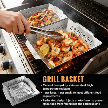 2 Pack Vegetables Grill Baskets for Veggies,Grill Basket for Outdoor Grill,Stainless Steel Grill Basket,Grilling Accessories for & Smokers,14"x12.5",white