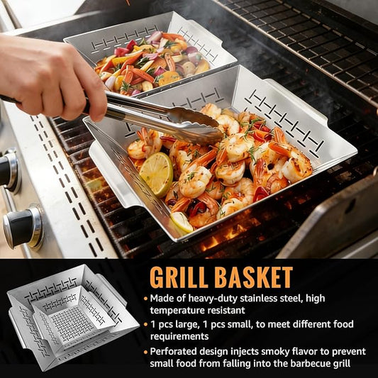 2 Pack Vegetables Grill Baskets for Veggies,Grill Basket for Outdoor Grill,Stainless Steel Grill Basket,Grilling Accessories for & Smokers,14"x12.5",white