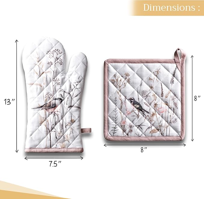 Maison d' Hermine 100% Cotton Oven Mitt & Pot Holder Set (7.5"x13" & 8"x8") Heat Resistant BBQ Cooking Gloves with Loop Baking Kitchen Hotel Home Farmhouse Spring Summer (Meadow Florals - Brown)