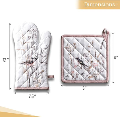 Maison d' Hermine 100% Cotton Oven Mitt & Pot Holder Set (7.5"x13" & 8"x8") Heat Resistant BBQ Cooking Gloves with Loop Baking Kitchen Hotel Home Farmhouse Spring Summer (Meadow Florals - Brown)