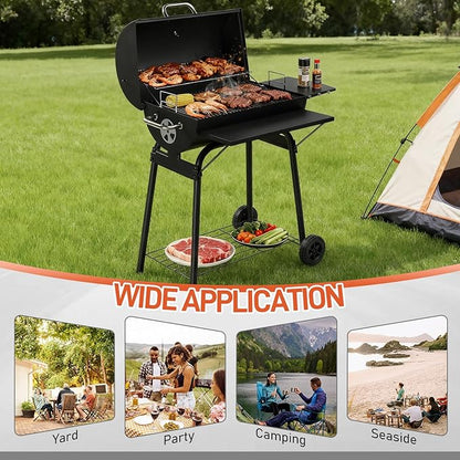 VINGLI Upgraded Barrel Charcoal Grill with Side Front Tables, Adjustable Charcoal Tray BBQ Grill Outdoor Smoker Grill with Wheels for Party Garden Patio and Backyard Cooking 39''D × 24''W × 46''H