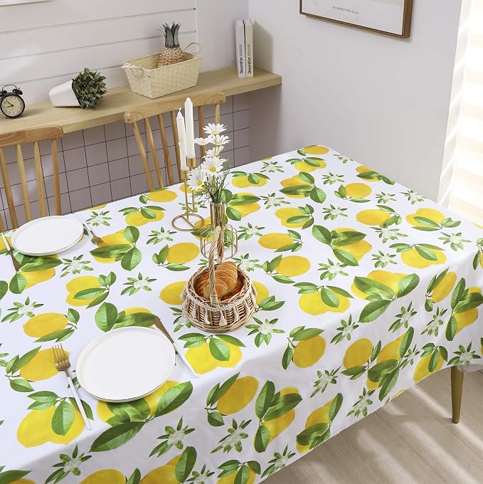 LIBERECOO Vinyl Tablecloth with Flannel Backing, Lemon 60 x 84 Inch Rectangluar Tablecloths Stain-Resistant Waterproof Plastic Table Cover for Indoor/Outdoor