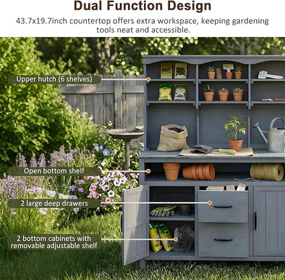 Merax 45.3" Large Outdoor Fir Wood Potting Bench with Storage, Multi-Functional Patio Kitchen Island with 6-Shelf Hutch+2 Cabinets+2 Drawers+3 Hooks, Garden Workstation for Planting, Gardening, Gray