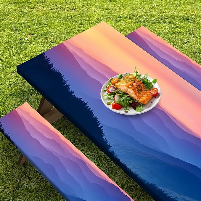 Picnic Table Cover with Bench Covers, Nature, 3PCS, 72 Inch | Full Elastic Edge Camping Tablecloth Waterproof Wipeable RV Outdoor Patio Park Essentials Drawstring Bag