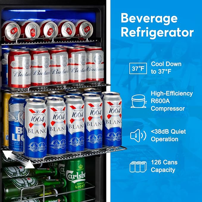 FoMup Beverage Refrigerator 17 inch Wide - 126 Can Beverage Cooler with Glass Door | Counter Top/Freestanding Mini Beverage Beer Fridge | Temperature Memory | Invisible Door | Perfect for Soda, Beer