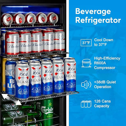 FoMup Beverage Refrigerator 17 inch Wide - 126 Can Beverage Cooler with Glass Door | Counter Top/Freestanding Mini Beverage Beer Fridge | Temperature Memory | Invisible Door | Perfect for Soda, Beer