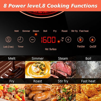 2 Burner Electric Cooktop 110v, 24 Inch Electric Stove Countertop & Built-in, Plug-in Electrics Cooktop, 8 Power Levels & 8 Functions, Touch Control, Safety Lock, Timer, 2000W, Orange