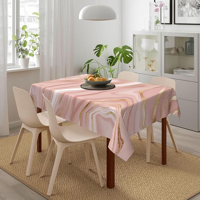 Pink Golden Marble Tablecloth for Dining Room Kitchen 54"x72" | Birthday Party Decorations, Rose Pink Modern Table Cover Waterproof Rectangular
