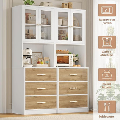 71“ Tall Kitchen Pantry Storage Cabinet with Microwave Stand, Buffet Kitchen Hutch with Shelves and Drawers, Wood Coffee Bar Pantry Cabinet with Glass Doors, for Dining Room/Small Space, Khaki