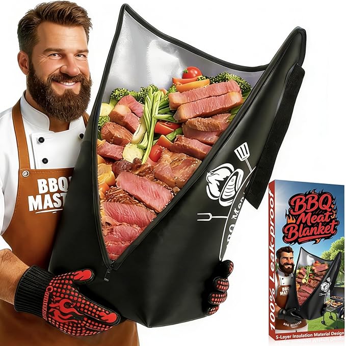 BBQ Blanket for Resting Meat, BBQ Brisket Blanket Meat Resting Blanket for Smoking, Grilling Meat Insulated Resting Bag with Wide Mouth for Large Brisket/Turkey (25in Black)