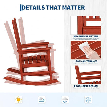 Garvee HDPE Rocking Chair Outdoor Set of 2 with Side Table - Poly High Back Porch Rocker Chairs for Adults - All Weather Resistant Furniture for Patio Front Porch - Red