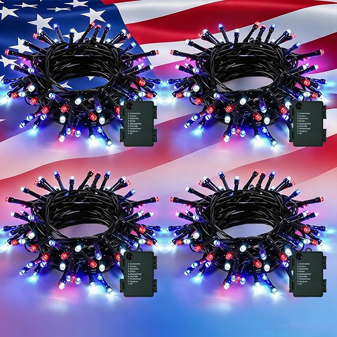 QITONG 4 Pack Red White Blue String Lights Battery Operated, Each 16ft 50 LED 4th of July Christmas Lights Outdoor, 8 Modes Green Wire Patriotic Lights Indoor for Independence Memorial Day Decor