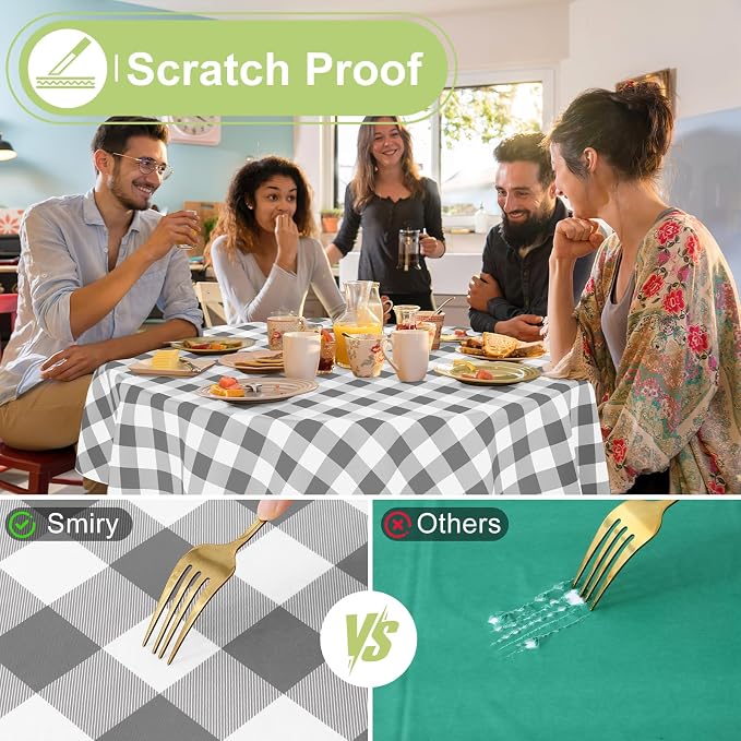 Smiry Oval Table Cloth, Vinyl Tablecloths with Flannel Backing, 60"x84" | Waterproof Picnic Table Cloth, Wipeable Buffalo Plaid Table Cover for Indoor and Outdoor (Grey & White)