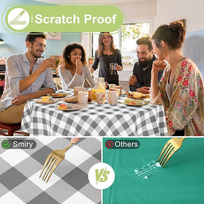 Smiry Picnic Table Cloth, Vinyl Tablecloths with Flannel Backing, 60" Round | Waterproof Picnic Table Cloth, Wipeable Buffalo Plaid Table Cover for Indoor and Outdoor (Grey & White)