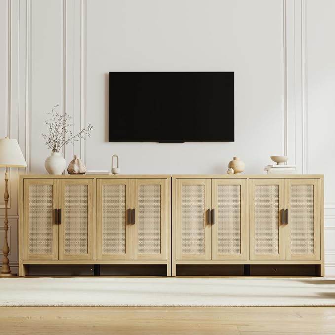 Rattan Buffet Cabinet with Storage, Sideboard with Doors, Console Table, Farmhouse Coffee Bar, Modern Wood Long Cabinets (Oak)