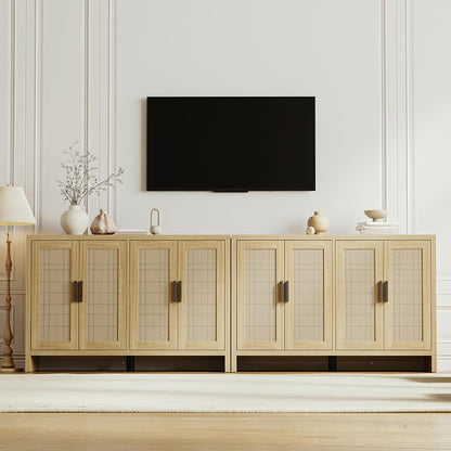 Rattan Buffet Cabinet with Storage, Sideboard with Doors, Console Table, Farmhouse Coffee Bar, Modern Wood Long Cabinets (Oak)