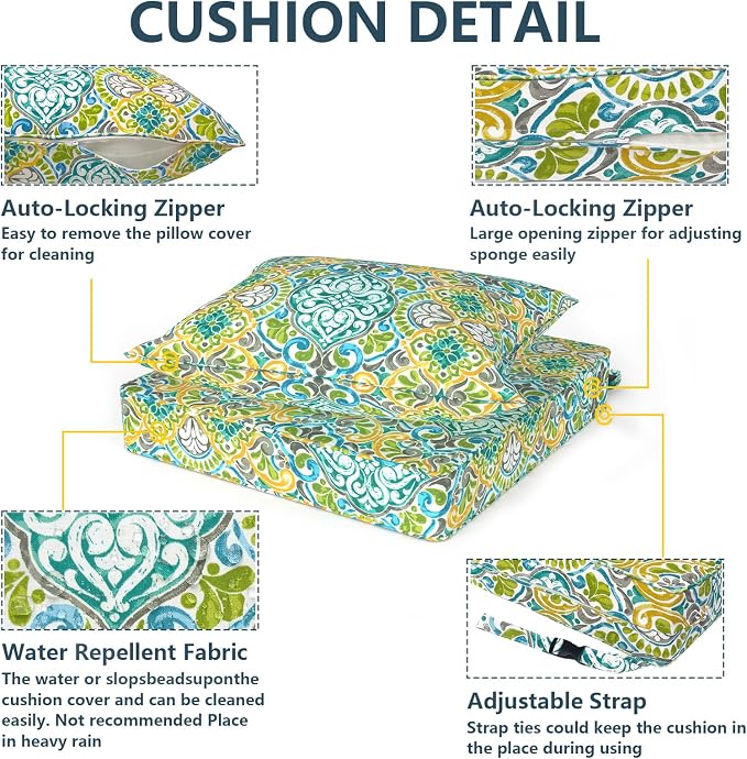 DYTXIII Outdoor Deep Seat Cushion Set, Water Repellent 24"x24" Patio Thick Cushions Replacement with Seat & Back Pillow for Patio Sofa, Wicker Chair, Couch - Damask Green