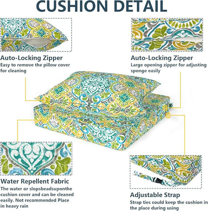DYTXIII Outdoor Deep Seat Cushion Set, Water Repellent 24"x24" Patio Thick Cushions Replacement with Seat & Back Pillow for Patio Sofa, Wicker Chair, Couch - Damask Green