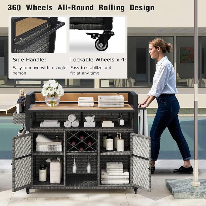 Outdoor Grill Cart BBQ Prep Station, Double Tabletop Rolling Wicker Kitchen Island with 7 Adjustable Shelves & Wine Rack, Weather-Resistant Storage Cabinet for Patio Backyard Garden, Gray