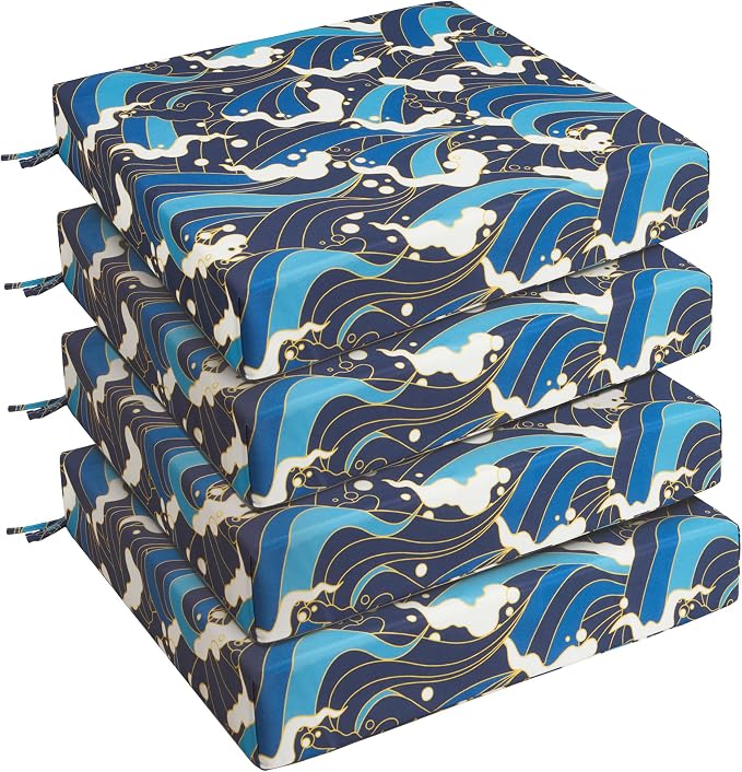 UNIKOME Outdoor Chair Cushions Pack of 4, Water Resistant Patio Cushions with Ties, High Density Sponge Filling Square Corner Seat Cushions for Outdoor Furniture, 19"*19"*3", Blue/Waves