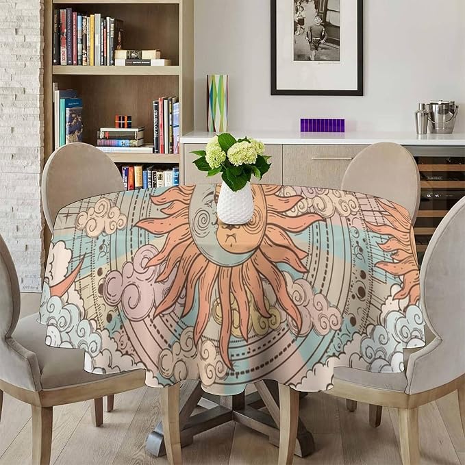Retro Sun Moon Round Tablecloth Vintage Mystical Astrology Tarot Zodiac Galaxy Space Table Cloth Water Resistant Wipeable Table Cover for Farmhouse Picnic Party Holiday Kitchen Dinner Table 60"