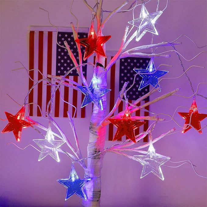 July 4th Red Blue and White Star Lights, 40LED 19FT Patriotic String Lights with Stars Battery Operated, 8 Lighting Modes & Timer, Waterproof Outdoor Independence Day Memorial Day Holiday Party Decor