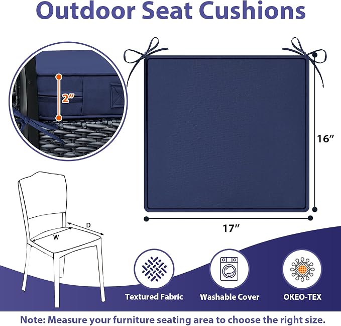 IPYNBAP Outdoor Chair Cushions Set of 4 -Waterproof Outdoor Seat Cushions for Patio Furniture, Patio Chair Cushion with Handle and Ties, Out Door Chair Pads,17x16x2-Square, Navy Blue