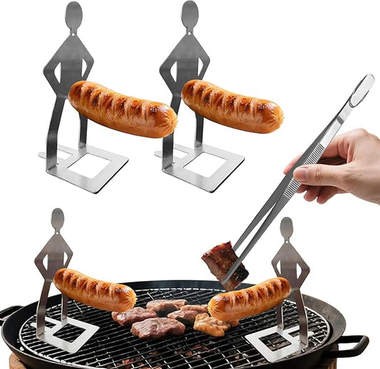 2 PCS Funny BBQ Stand Hot Dog Holder with Fine Long Pointed Tips Tweezer Tongs,Portable Hot Dog Roaster,Reusable Stainless Steel Cooking Kit for Kitchen,BBQ,Plating,Serving,Grill Accessories