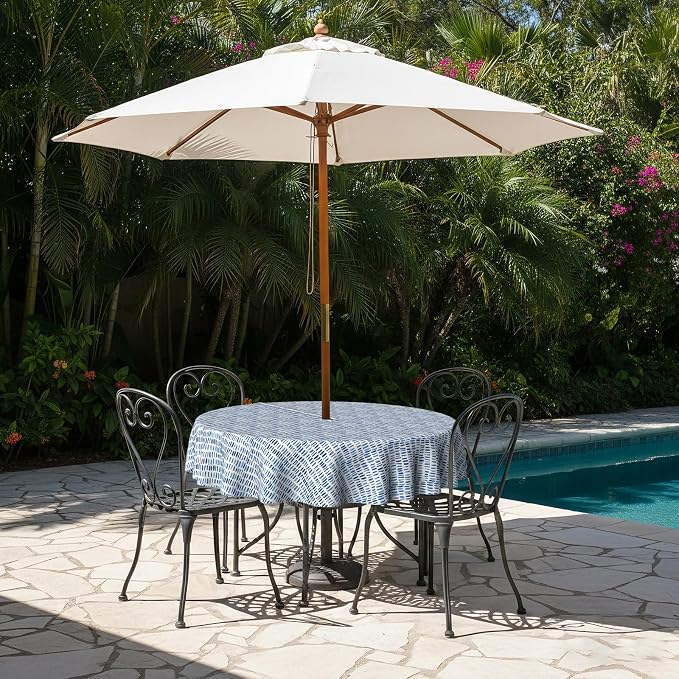 LVTXIII Outdoor Tablecloth with Umbrella Hole and Zipper, 60 Inch Water-Repellent Patio Table Cloth, Round Table Covers for Backyard Garden, Pebble Blue
