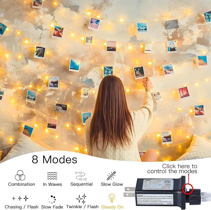 Warm White Christmas String Lights, 33FT 100 LED Fairy Lights Indoor | 8 Modes with Memory, Connectable, IP65 Waterproof, Transparent Wire, Up to 5 Sets, Widely use for Classroom, Bedroom, dorm