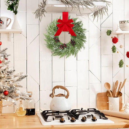 4 Pcs Small Christmas Norfolk Wreaths 15 Inch Christmas Kitchen Cabinet Mini Wreath with Bow Ribbon Cedar Berry for Xmas Front Door Window Chair Fireplace Table Pillar Farmhouse