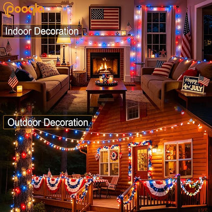Pooqla 500 LED 164 FT Red White and Blue Lights, 4th of July Patriotic Decoration Twinkle Lights, 8 Modes Plug in 4th of July String Lights for Indoor Outdoor Independence Day Decorations, Green Wire