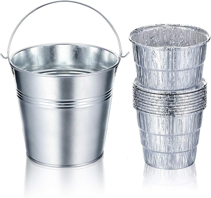 Patelai Drip Grease Bucket Can with 12 Pieces Disposable Foil Pads Grills Bucket Pads Wood Pellet Grills Replacement for Camp Wood Pellet Grill BBQ Accessories (Silver)