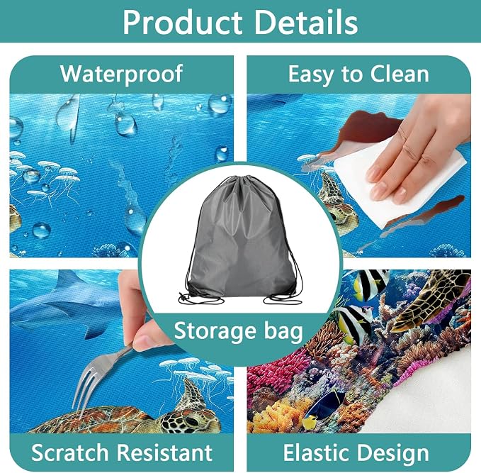 Ocean Animals Picnic Table Cover with Bench Covers, Camping Essentials, Underwater Sea Turtles Waterproof Windproof, Fitted Tablecloth Cover with Elastic Edge, for Garden & Outdoor, 3 PCS, 30x72 Inch