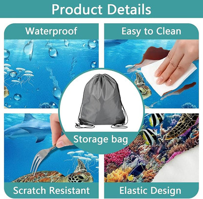 Ocean Animals Picnic Table Cover with Bench Covers, Camping Essentials, Underwater Sea Turtles Waterproof Windproof, Fitted Tablecloth Cover with Elastic Edge, for Garden & Outdoor, 3 PCS, 30x72 Inch