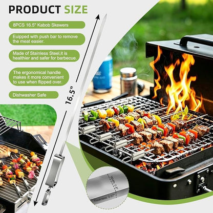 16.5" Metal Skewers for Grilling, Stainless Steel Flat Kabob Skewers | Reusable BBQ Skewers for Kebab Barbecue Grill with Push Bar, Heavy Duty Skewer Sticks for Outdoor Camping Kitchen Cooking