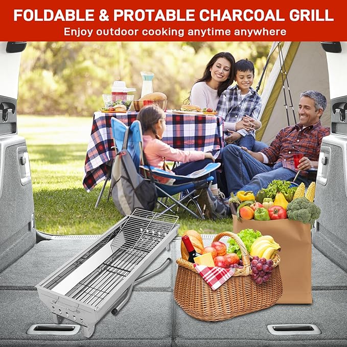 Stainless Steel BBQ Charcoal Grill, 28x 13 x 27" Portable & lFoldable Barbecue Grill, Outdoor Patio Garden Heating Smoker for Cooking Camping Hiking Picnic Garden Beach Party