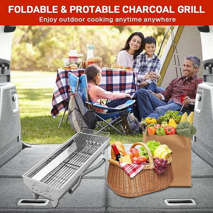 Stainless Steel BBQ Charcoal Grill, 28x 13 x 27" Portable & lFoldable Barbecue Grill, Outdoor Patio Garden Heating Smoker for Cooking Camping Hiking Picnic Garden Beach Party