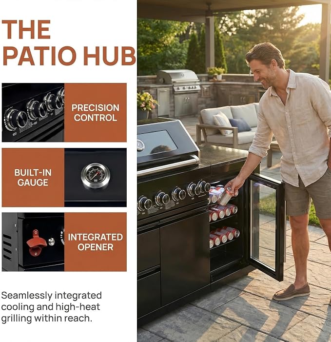 63 Inch Outdoor Kitchen Island, 6-Burner 85000 BTU Propane Stainless Steel BBQ with Side/Rear Burners, With Fridge, Storage, For Backyard BBQ
