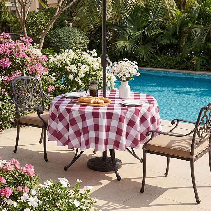 SquarePie 60 Inch Round Outdoor Tablecloth with Umbrella Hole and Zipper - Spillproof Wipeable Polyester Gingham Table Cloth Cover for Patio Picnic Camping Garden BBQ, Burgundy Red Checkered