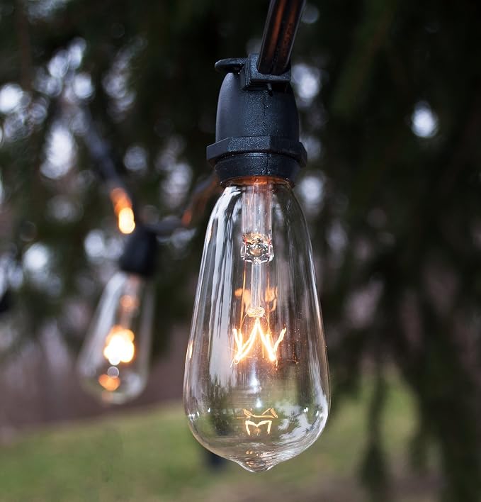 Commercial Vintage Edison String Lights (PS50 Clear - Black Wire, 50 Foot) | ST40 Clear 7 Watt Bulbs, 50 Foot 40 Socket, Commercial Grade Outdoor Lights