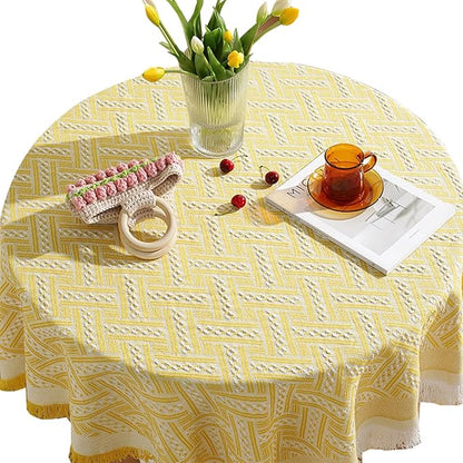Geometric Tassel Tablecloth – 100% Polyester, Soft & Durable, Indoor & Outdoor Dining, BBQs, Parties, Picnics, Modern Minimalist Yellow & White Design