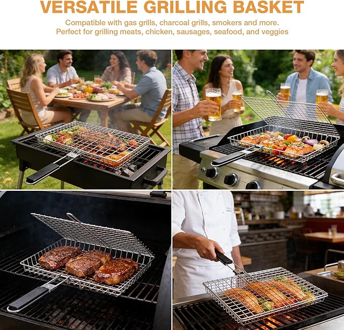 Fish Grill Basket, Folding Stainless Steel Fish Grilling Rack for Grill, Outdoor Camping BBQ Grilling Basket for Fish, Shrimp, Vegetables, Steak & Meat, with Portable Removable Handle, and Carry Bag, Gifts for Men,Dad, Husband