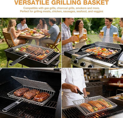Fish Grill Basket, Folding Stainless Steel Fish Grilling Rack for Grill, Outdoor Camping BBQ Grilling Basket for Fish, Shrimp, Vegetables, Steak & Meat, with Portable Removable Handle, and Carry Bag, Gifts for Men,Dad, Husband