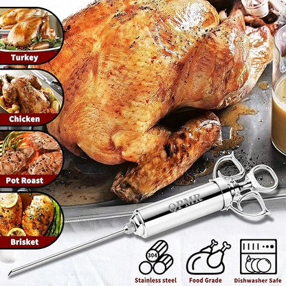 QPMR Meat Injector Syringe Kit, 2-oz Large Capacity Marinade Turkey Injector with 3pcs Stainless Steel Marinade Injector Needles for BBQ Grill Smoker & Turkey & Brisket
