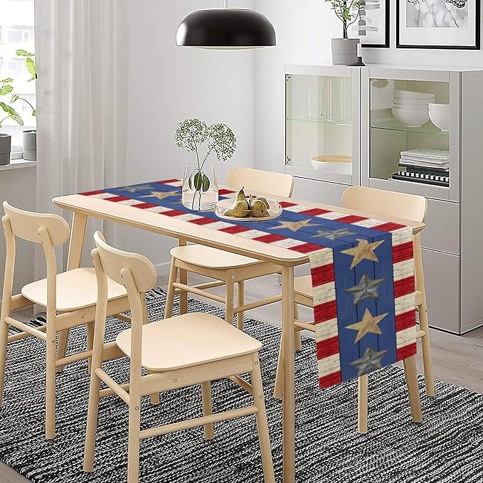 4th of July Memorial Day Table Runner, American Flag Stars Stripe for Home Kitchen Restaurant Holiday Kitchen Dining Table Decorations for Home Party Decor 13 x 90 Inch