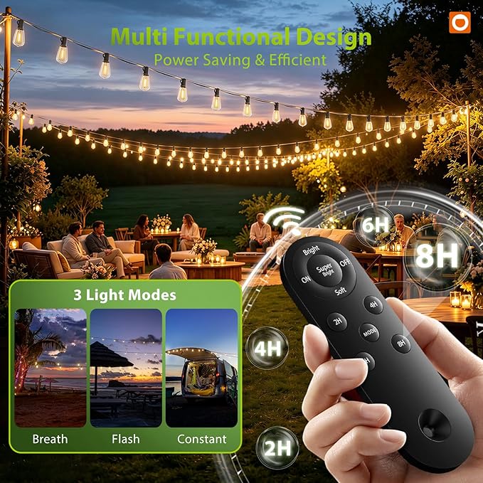addlon 102FT(96+6) Solar String Lights Outdoor Waterproof with Remote, 30+2 LED Shatterproof Bulbs, Dimmable & Timable, Solar Lights Outdoor, Patio Lights for Garden, Backyard, Party, Camping Decor