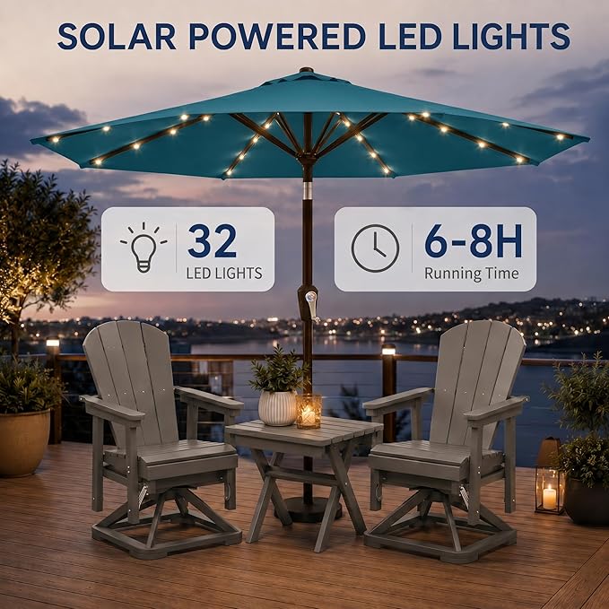 10FT Solar Patio Umbrella with Lights, Outdoor Table Market Umbrella with 32 LED Lights, 8 Sturdy Ribs, Push Button Tilt and Crank for Pool, Deck and Garden, UV-Resistant