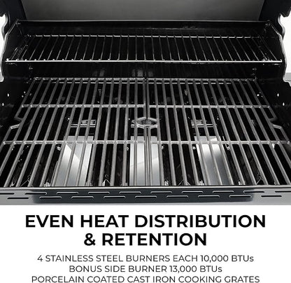 Kenmore 4-Burner Gas Grill with Side Burner, Outdoor BBQ Grill, Propane Gas Grill, Cast Iron Cooking Grates, Electronic Ignition, Warming Rack, Open Cart Design, 53000 BTUs, Stainless Steel and Black